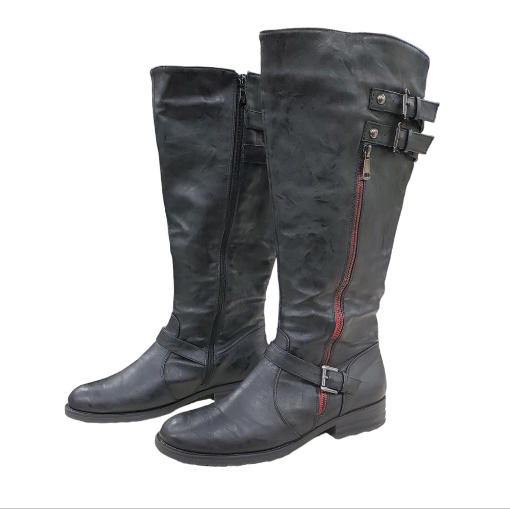 Extreme by Eddie Marc tall boots women's sz 11 black zip buckles fur lined
